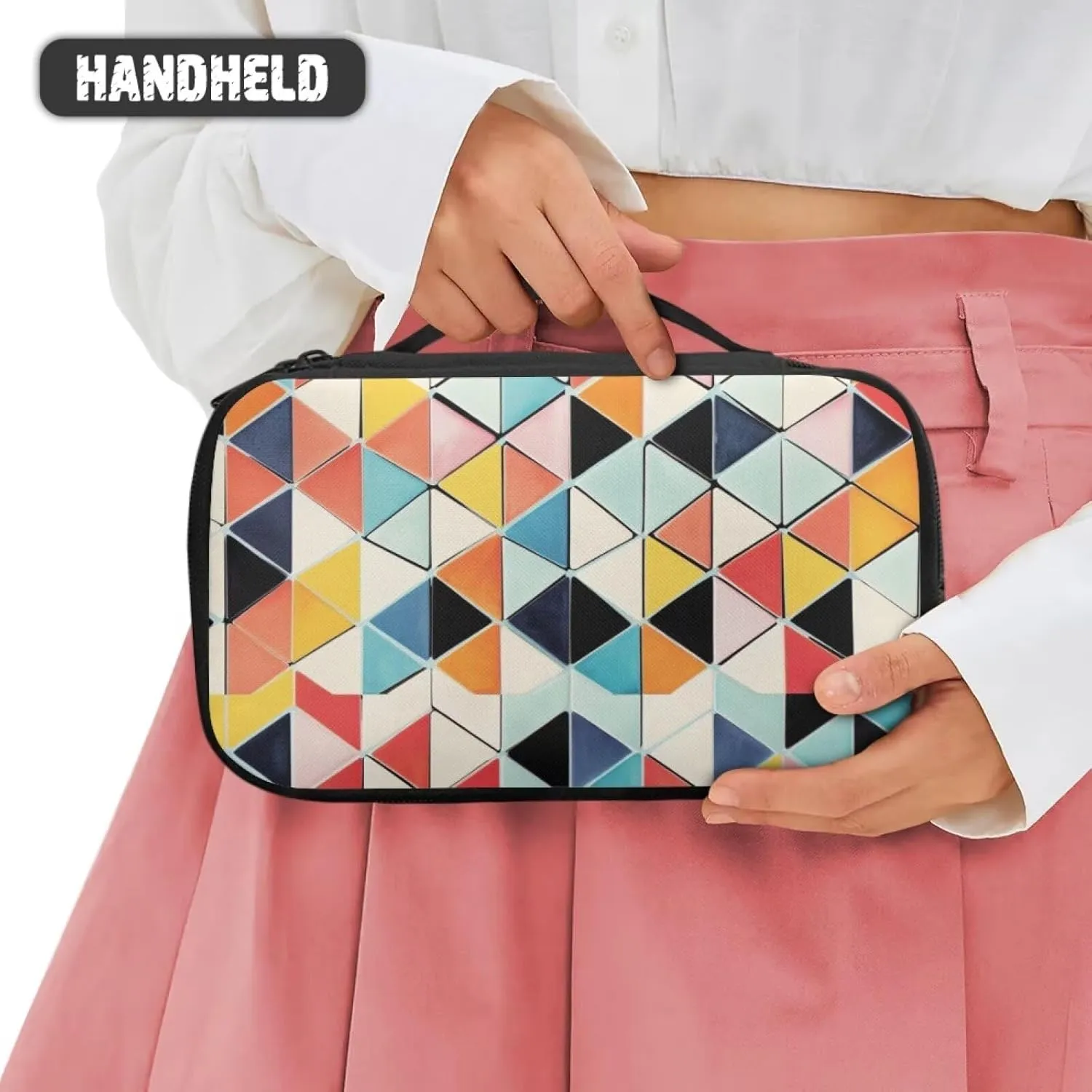 Geometric Lattice Makeup Bag for Women Waterproof Travel Cosmetic Organizer with 8 Loops & 4 Brush Pockets | Trendy Teen Girl Gifts for Weddings, Work Makeup Bag for Purse & Carry-Ons