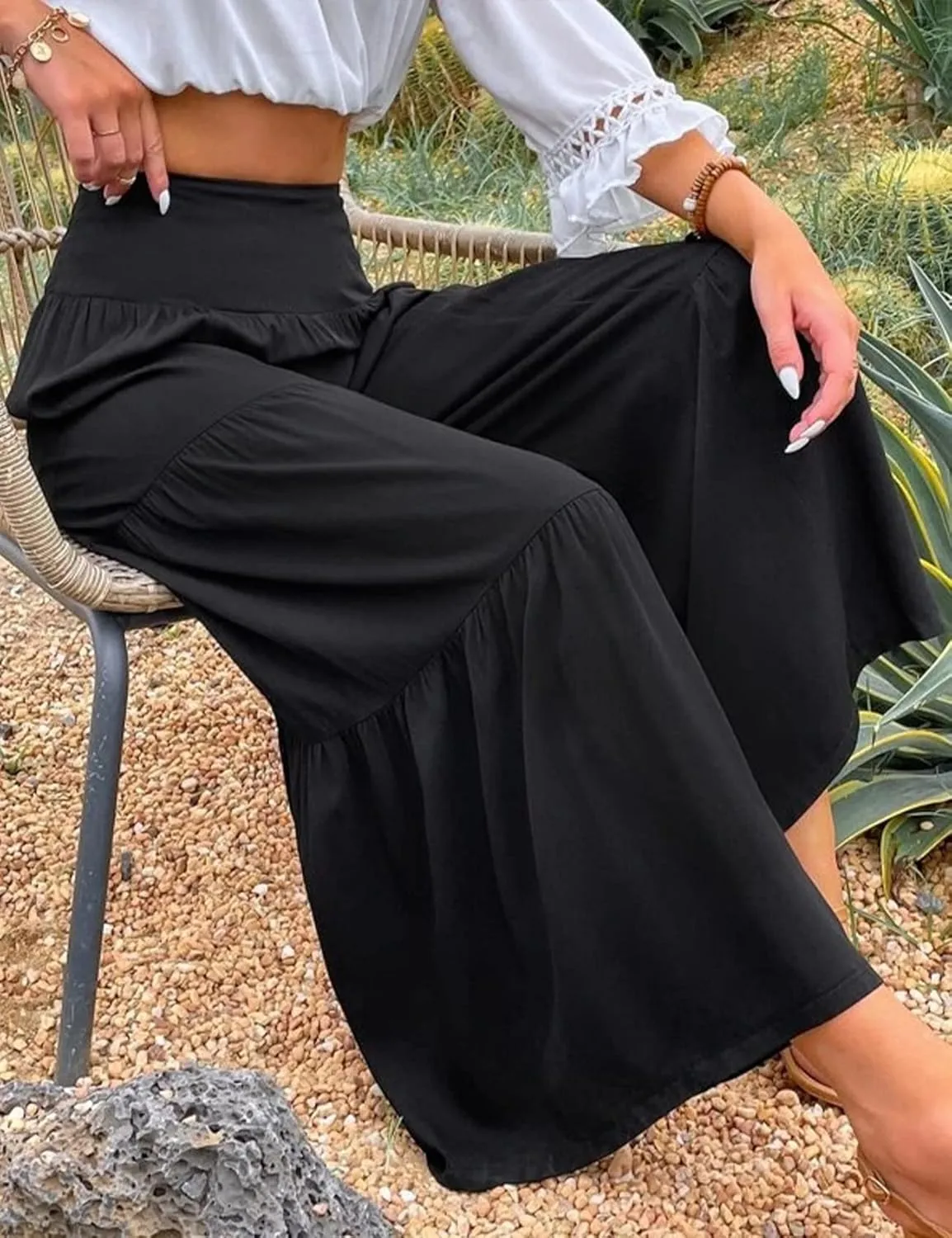 Gihuo Womens Wide Leg Palazzo Pants Elastic Waist Pleated Flowy Linen Blend Summer Pants High Waist Tiered Trousers