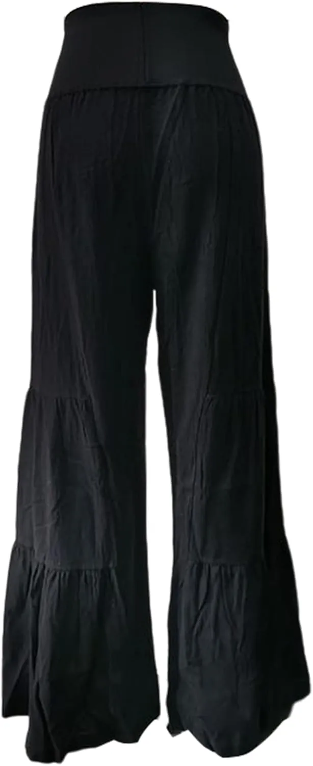 Gihuo Womens Wide Leg Palazzo Pants Elastic Waist Pleated Flowy Linen Blend Summer Pants High Waist Tiered Trousers