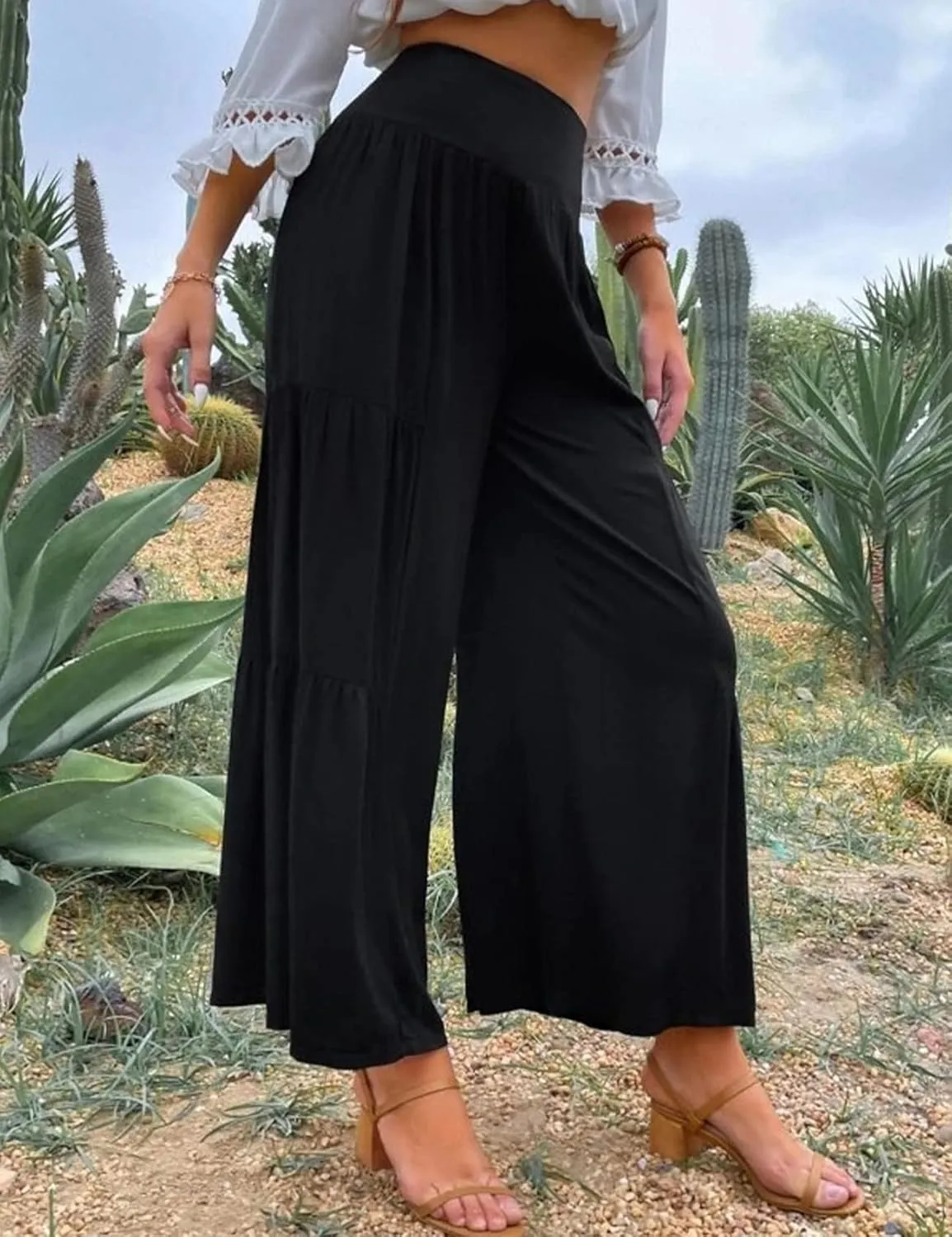 Gihuo Womens Wide Leg Palazzo Pants Elastic Waist Pleated Flowy Linen Blend Summer Pants High Waist Tiered Trousers