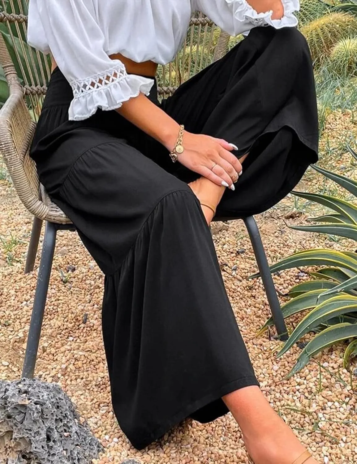 Gihuo Womens Wide Leg Palazzo Pants Elastic Waist Pleated Flowy Linen Blend Summer Pants High Waist Tiered Trousers