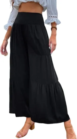 Gihuo Womens Wide Leg Palazzo Pants Elastic Waist Pleated Flowy Linen Blend Summer Pants High Waist Tiered Trousers