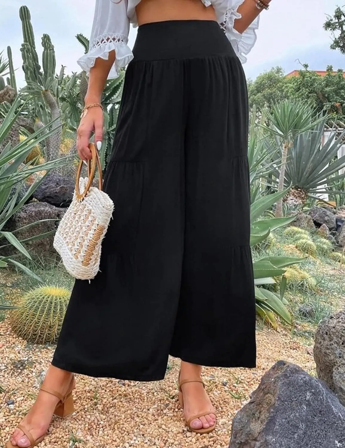 Gihuo Womens Wide Leg Palazzo Pants Elastic Waist Pleated Flowy Linen Blend Summer Pants High Waist Tiered Trousers