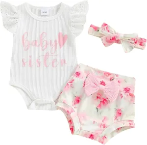 Girls Sunflower Baby Clothes Summer Dresses Cotton Ruffle Short Sleeve Tops Floral Prints Bow Shorts Cute Outfit Set