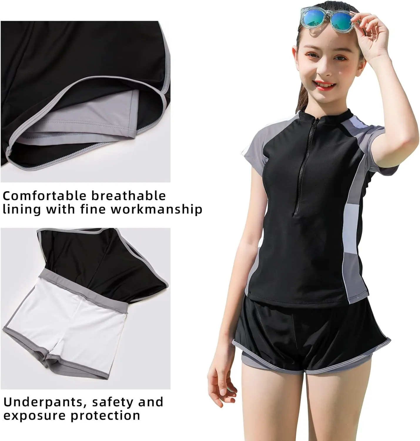 Girls Swimsuits, Kids Two-Piece Rashguard Swim Set Bathing Suits Beach Shorts Quick Dry Swim Shirts Size 6-7,8,10-12,14-16