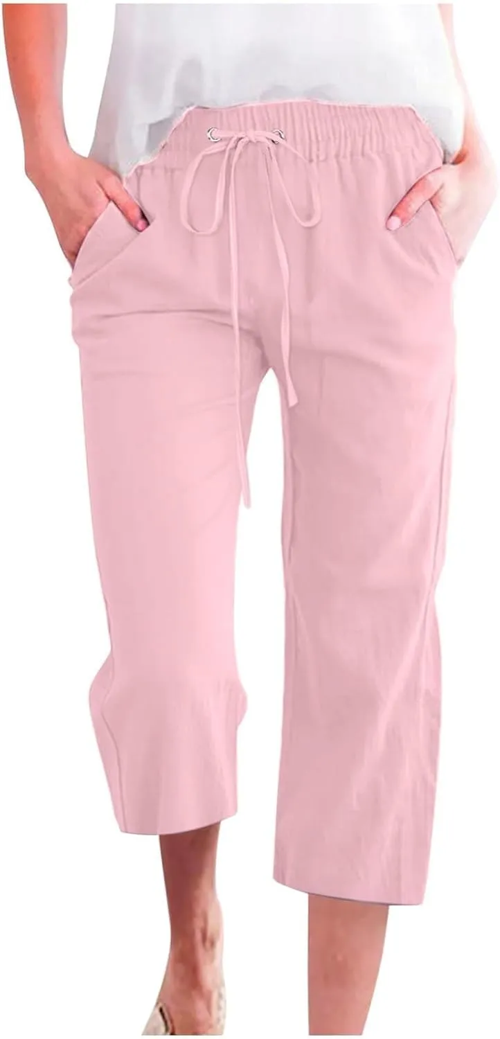 GOKKILRW Womens Linen Summer Capri Pants Casual Beach Capris Drawstring High Waist Pants Wide Leg Cropped Trousers Joggers