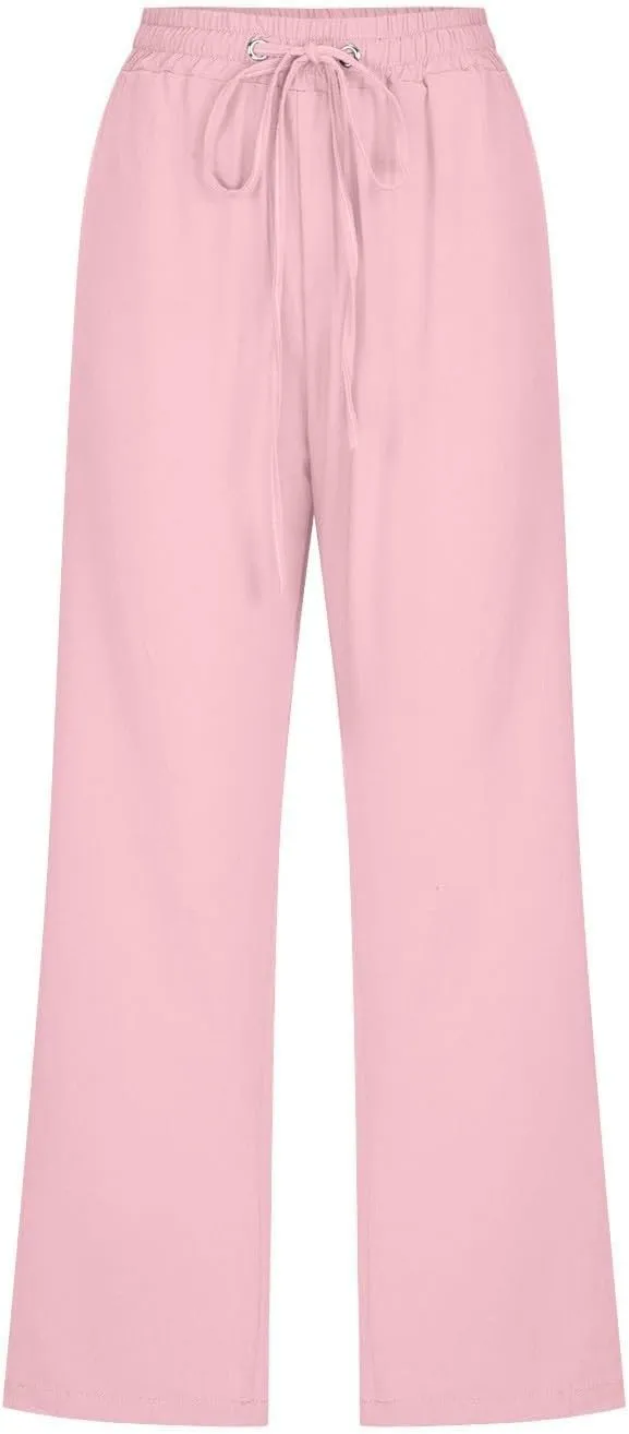 GOKKILRW Womens Linen Summer Capri Pants Casual Beach Capris Drawstring High Waist Pants Wide Leg Cropped Trousers Joggers