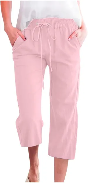 GOKKILRW Womens Linen Summer Capri Pants Casual Beach Capris Drawstring High Waist Pants Wide Leg Cropped Trousers Joggers
