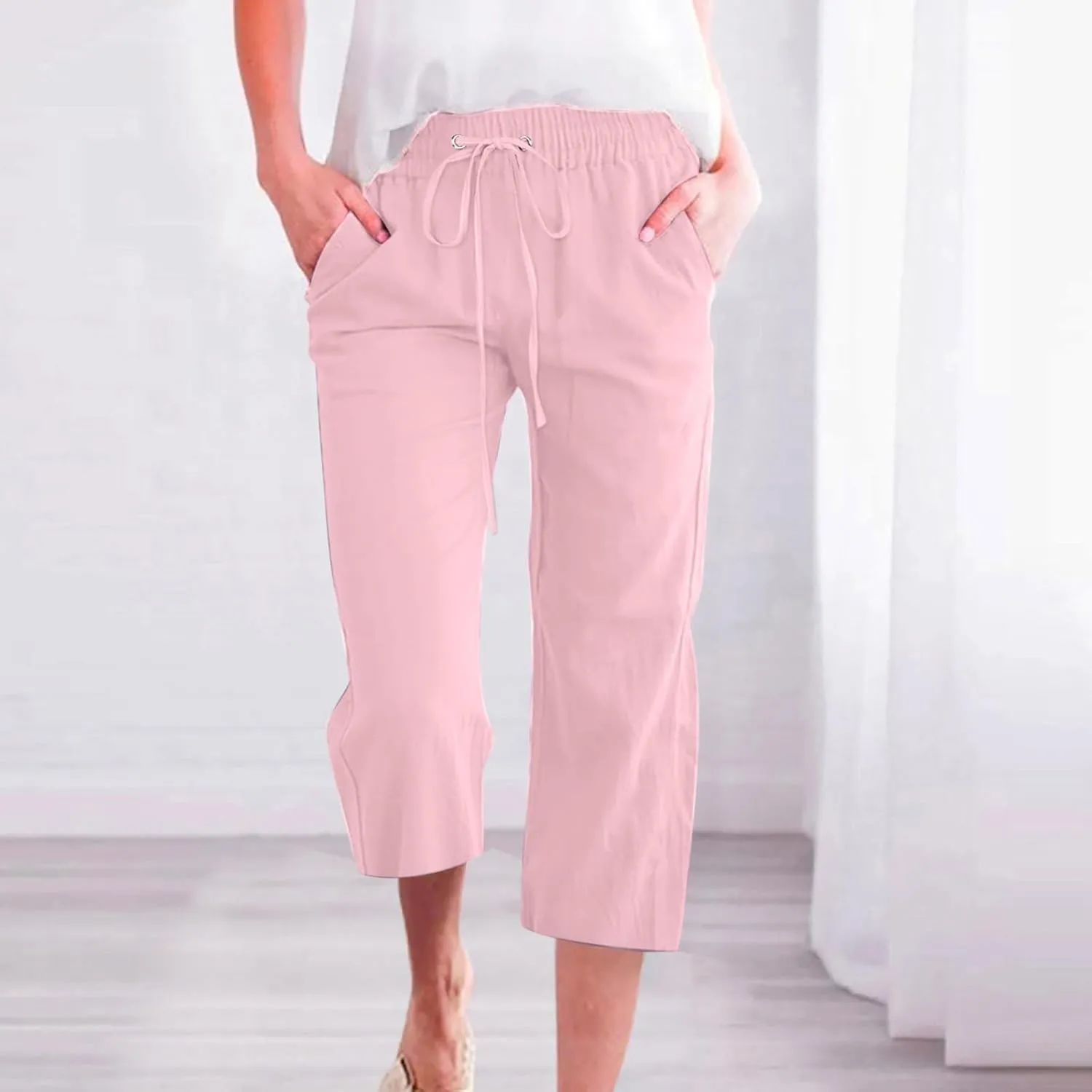 GOKKILRW Womens Linen Summer Capri Pants Casual Beach Capris Drawstring High Waist Pants Wide Leg Cropped Trousers Joggers