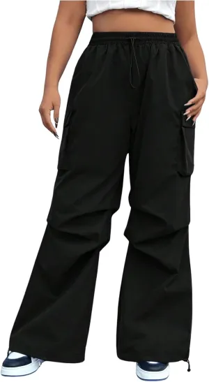 GORGLITTER Women's Plus Size Ruched High Waisted Cargo Pants Flap Pocket Baggy Wide Leg Pants