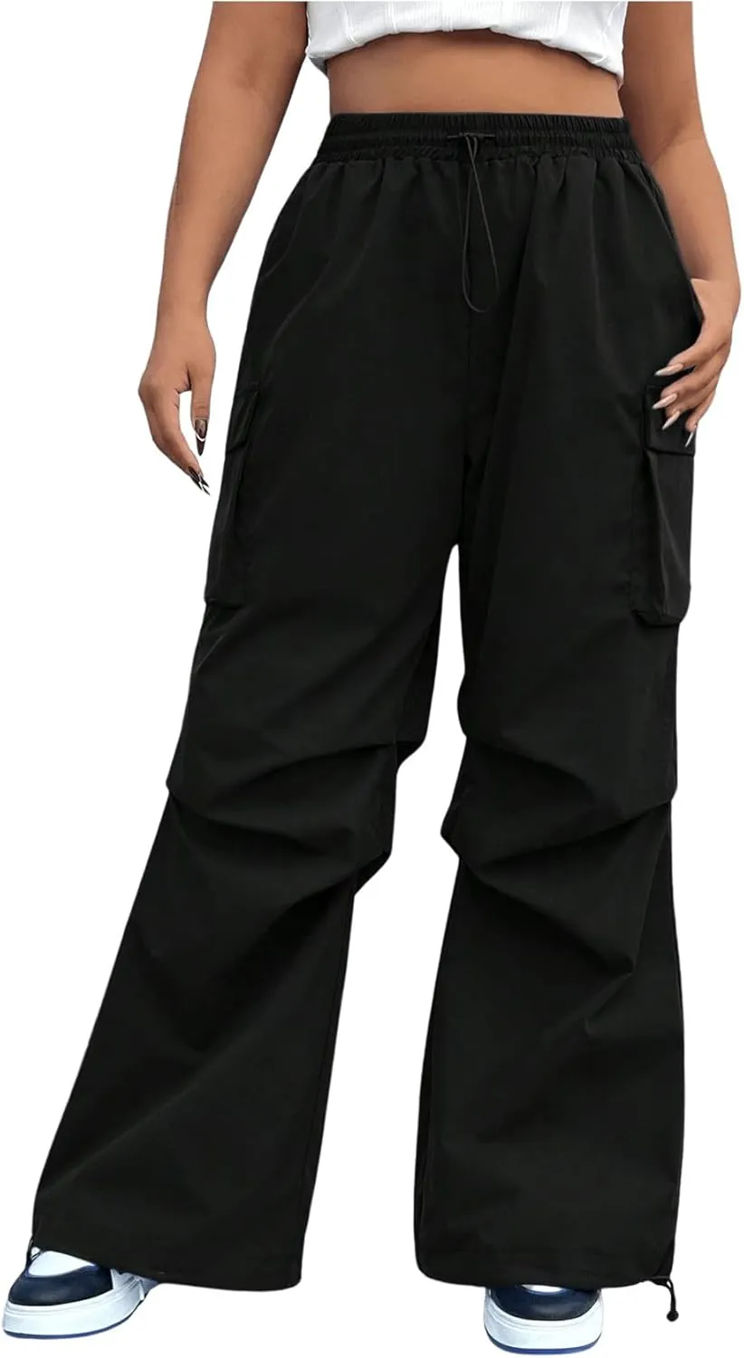 GORGLITTER Women's Plus Size Ruched High Waisted Cargo Pants Flap Pocket Baggy Wide Leg Pants