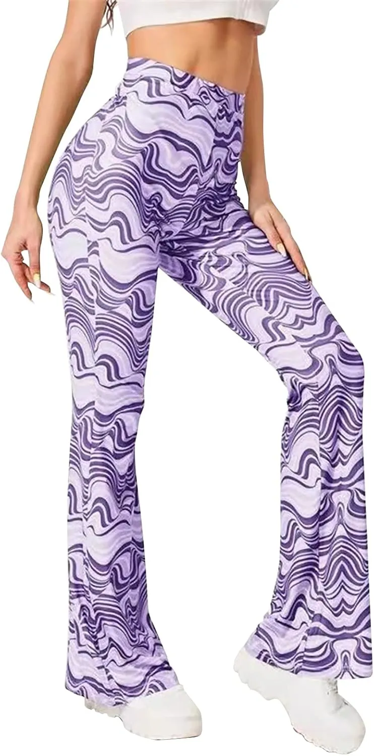 GUOLEZEEV Women High Waisted Flare Leggings Bohemian Print Flowy Pants Bell Bottom