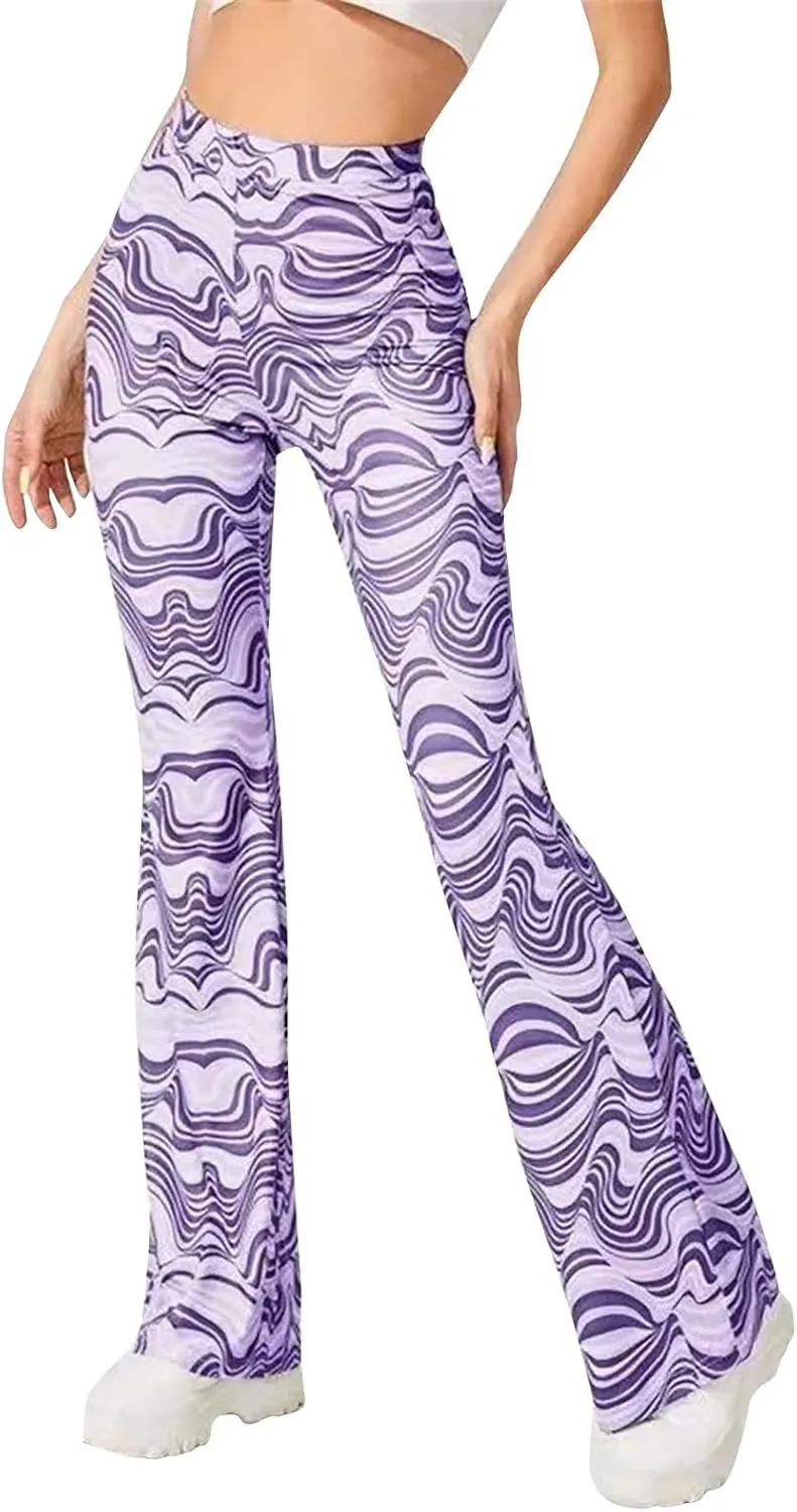 GUOLEZEEV Women High Waisted Flare Leggings Bohemian Print Flowy Pants Bell Bottom