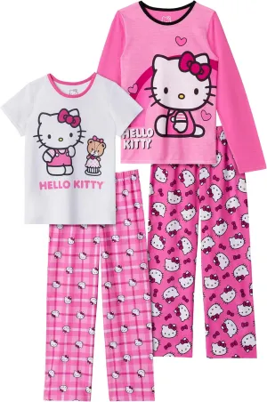 Hello Kitty Girls Pajama Pants and Sleep Shirt Sets 4 Piece PJ Top and Bottom Sleepwear Set for Girls Pajamas for Kids