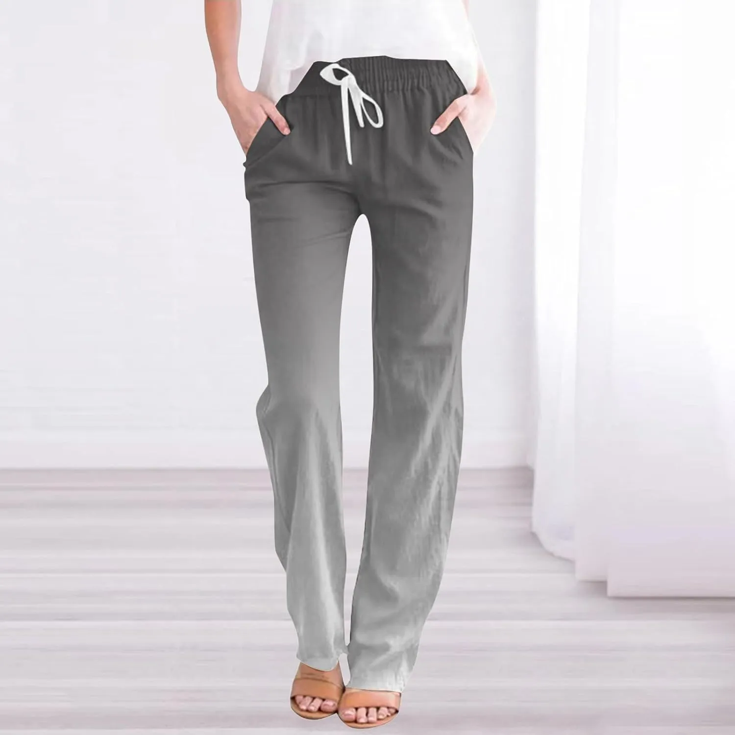 High Waisted Linen Pants Women Drawstring Elastic Straight Leg Casual Pants Summer Comfy Beach Baggy Trousers with Pockets