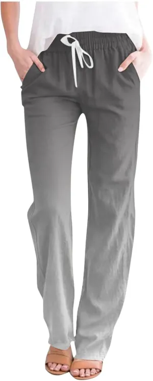 High Waisted Linen Pants Women Drawstring Elastic Straight Leg Casual Pants Summer Comfy Beach Baggy Trousers with Pockets