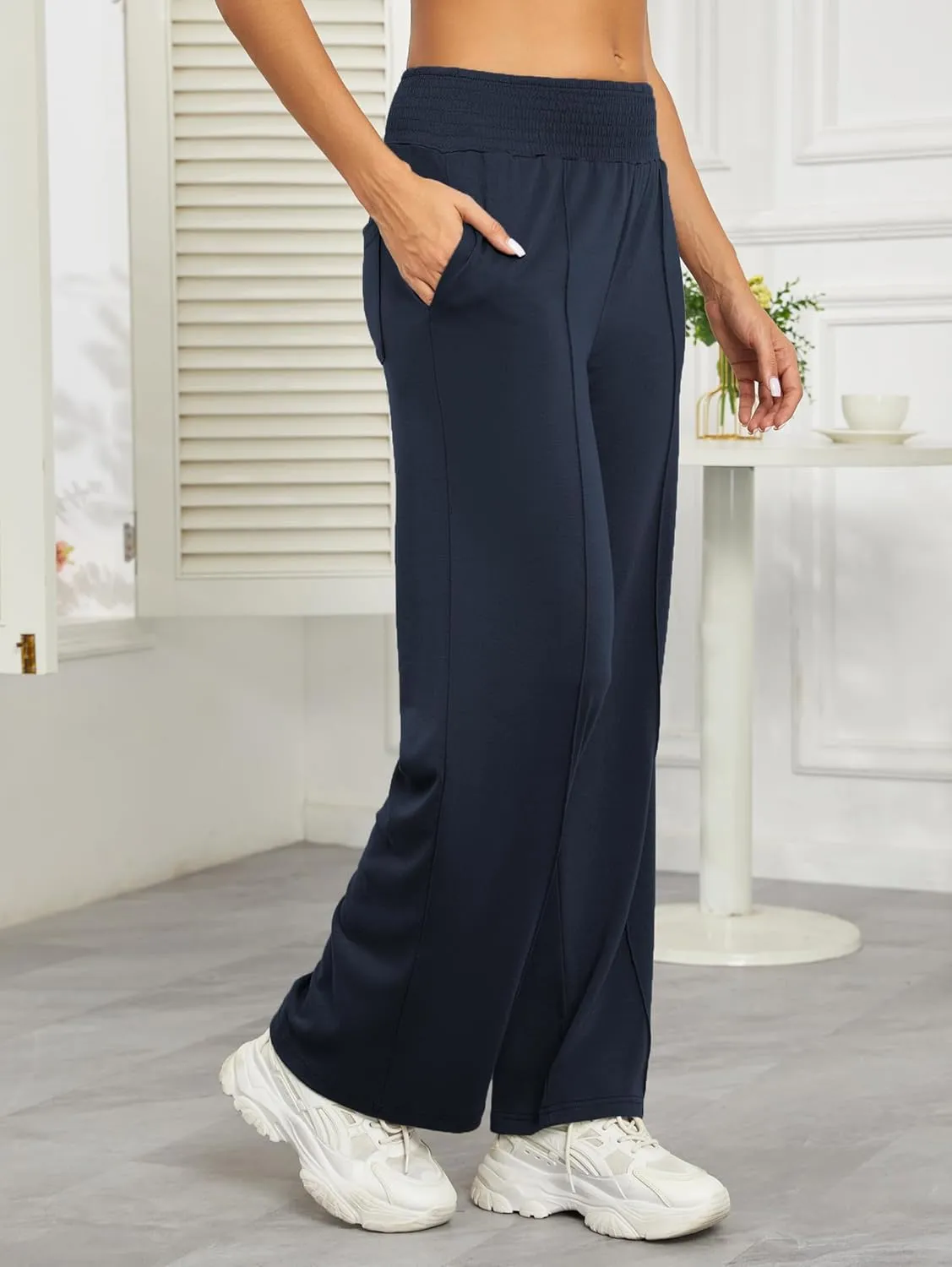 iChunhua Women's Smocked High Waist Wide Leg Pants Loose Casual Yoga Lounge Bottom Pajamas Trousers with Pockets