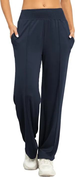 iChunhua Women's Smocked High Waist Wide Leg Pants Loose Casual Yoga Lounge Bottom Pajamas Trousers with Pockets