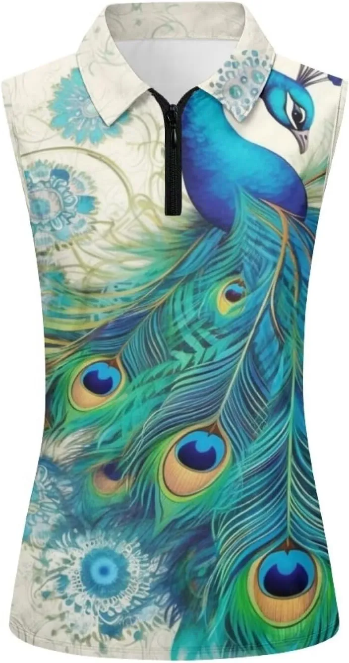 Irisjudy Golf Ball Print Sleeveless Golf Polo Shirt Women Gothic Rose Half Zip Athletic Shirts Tropical Plant Golf Polo Tops