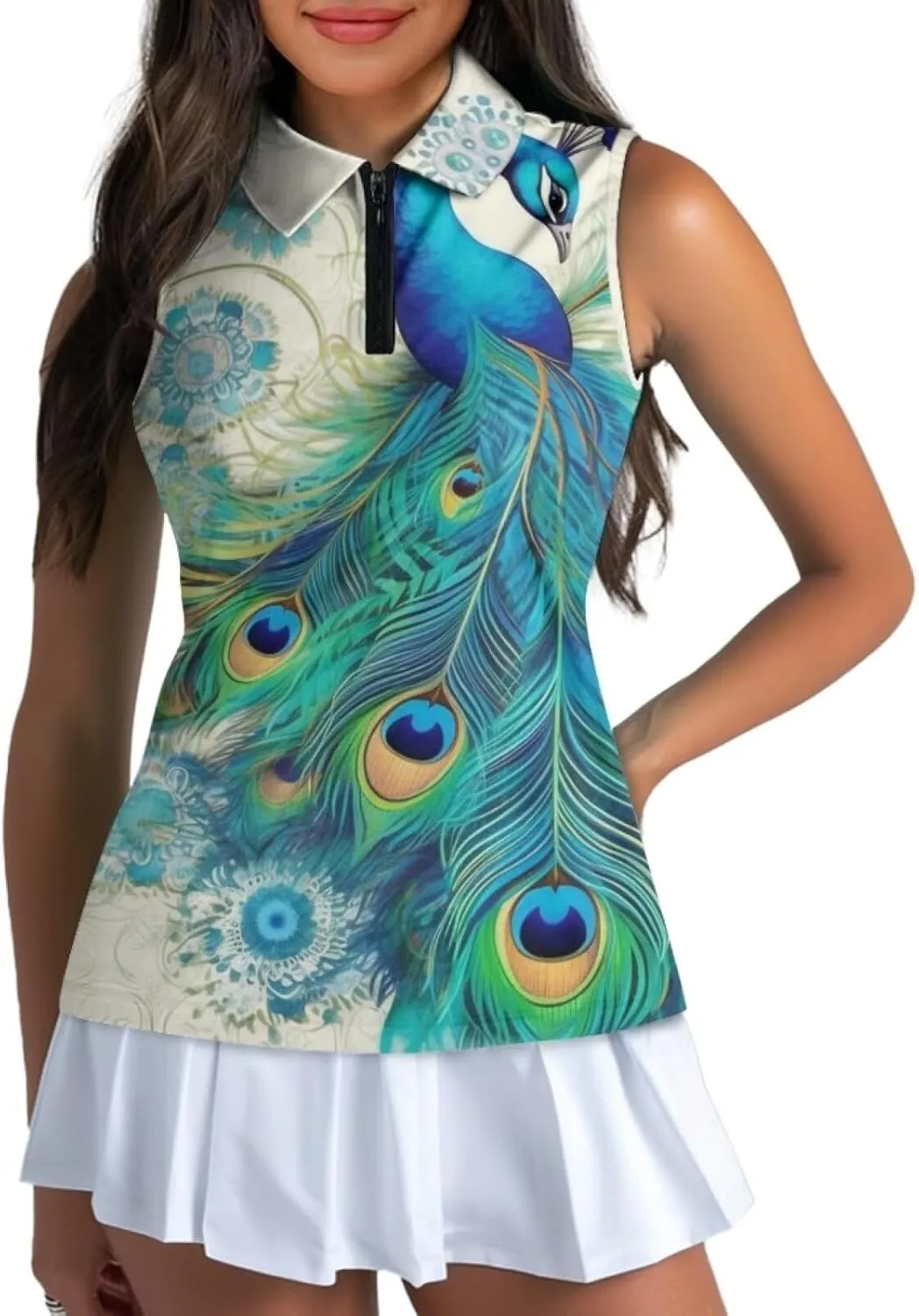 Irisjudy Golf Ball Print Sleeveless Golf Polo Shirt Women Gothic Rose Half Zip Athletic Shirts Tropical Plant Golf Polo Tops