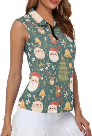 Irisjudy Golf Ball Print Sleeveless Golf Polo Shirt Women Gothic Rose Half Zip Athletic Shirts Tropical Plant Golf Polo Tops