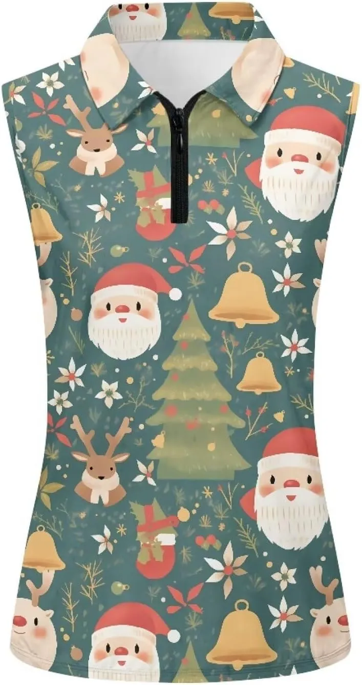 Irisjudy Golf Ball Print Sleeveless Golf Polo Shirt Women Gothic Rose Half Zip Athletic Shirts Tropical Plant Golf Polo Tops