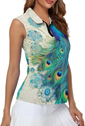 Irisjudy Golf Ball Print Sleeveless Golf Polo Shirt Women Gothic Rose Half Zip Athletic Shirts Tropical Plant Golf Polo Tops