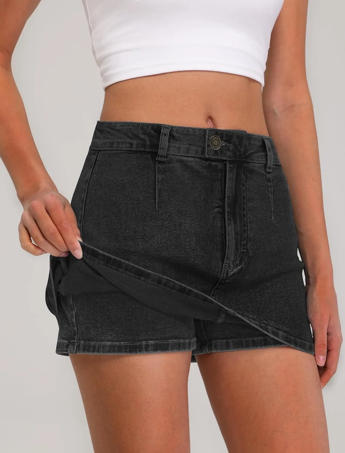 IWD Denim Mini Skirt for Women Low Waisted Jean Micro Skort with Shorts Stretch Casual Jean Skirt