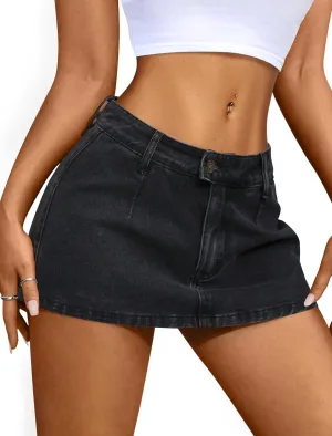 IWD Denim Mini Skirt for Women Low Waisted Jean Micro Skort with Shorts Stretch Casual Jean Skirt