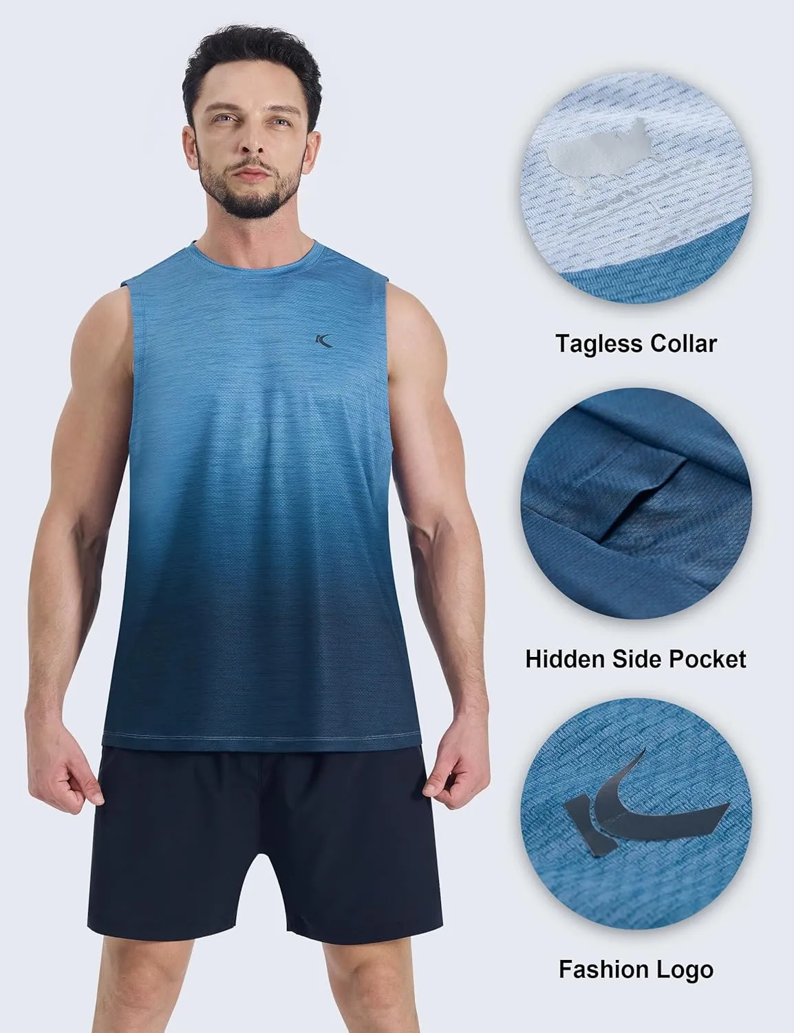 KPSUN Men's Quick Dry Workout Tank Tops Sleeveless Gym Muscle Shirts Fitness Running Athletic Swim Shirt with Side Pocket