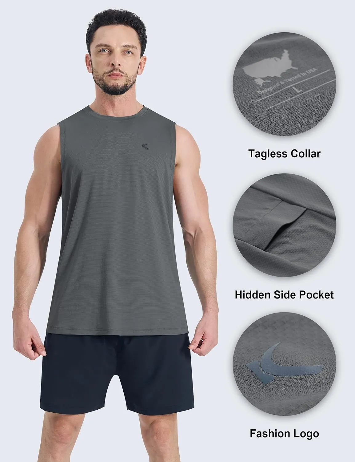 KPSUN Men's Quick Dry Workout Tank Tops Sleeveless Gym Muscle Shirts Fitness Running Athletic Swim Shirt with Side Pocket