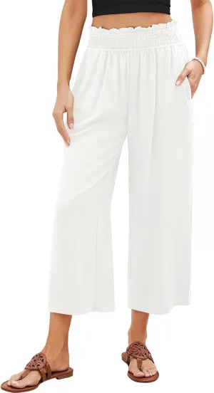 Kubbon Capri Pants for Women Cotton Linen Palazzo Pants High Waist Wide Leg Casual Loose Pant Flowy Trousers with Pockets