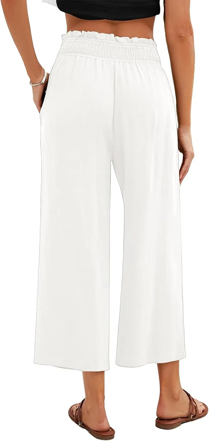 Kubbon Capri Pants for Women Cotton Linen Palazzo Pants High Waist Wide Leg Casual Loose Pant Flowy Trousers with Pockets
