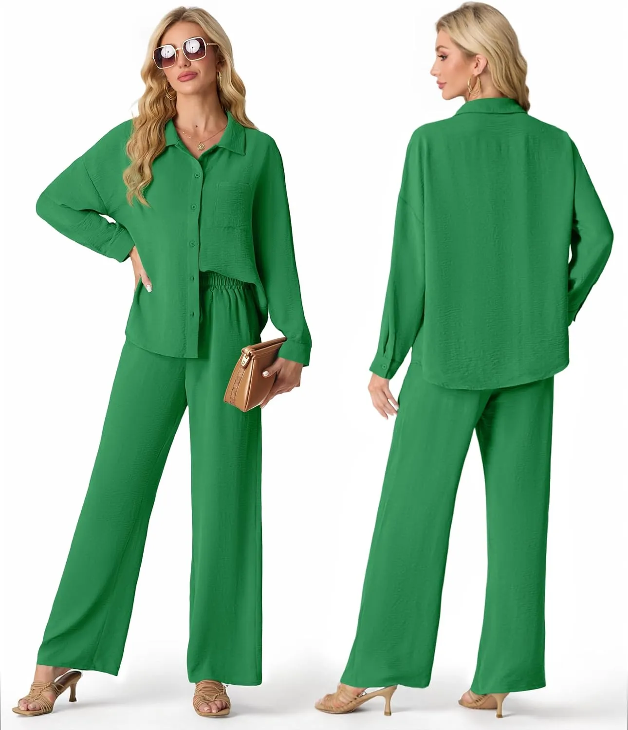 Lepunuo 2 Piece Outfits for Women Casual Lounge Sets Long Sleeve Button Down Shirts and Wide Leg Pants Sets Tracksuit