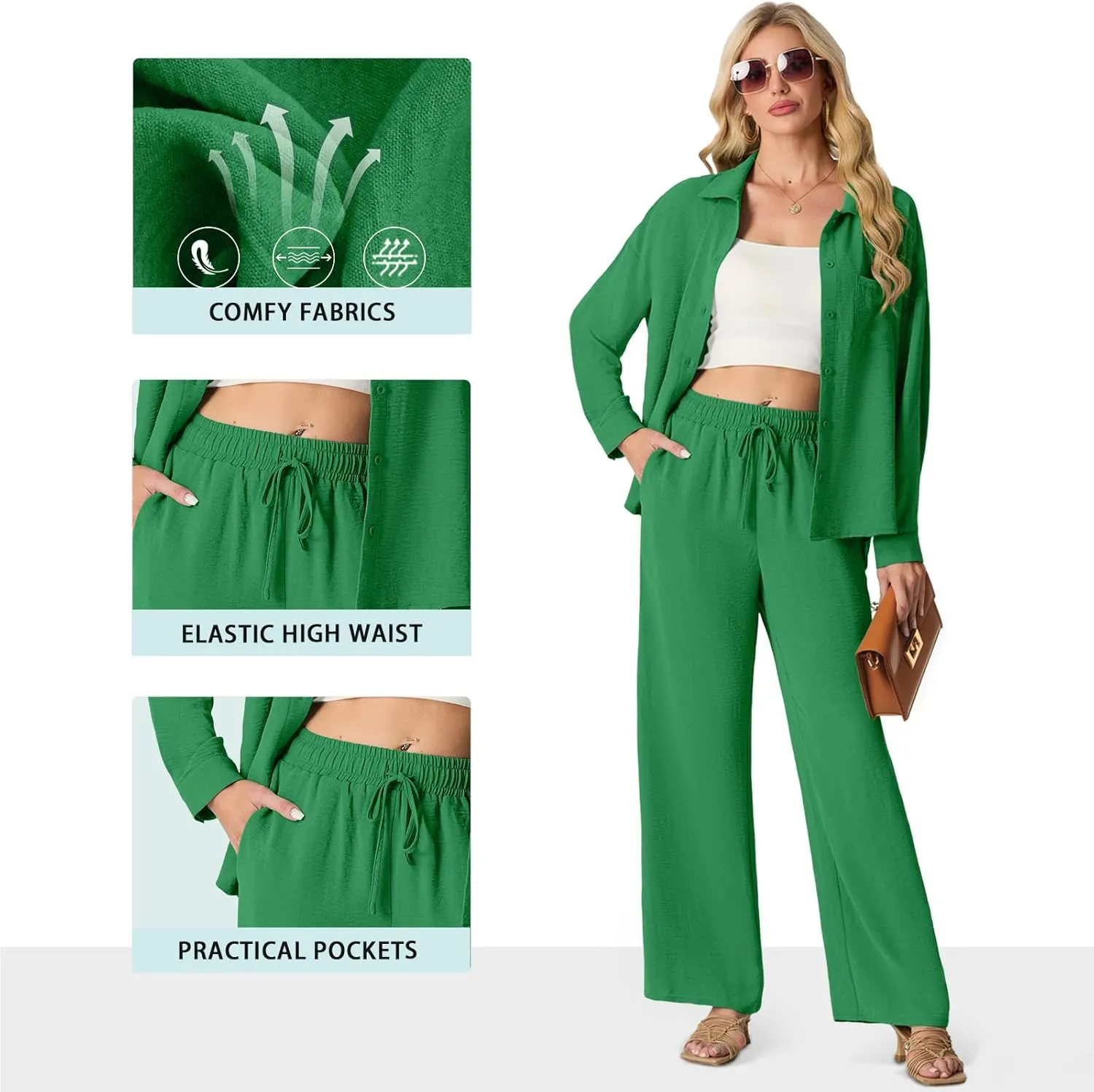 Lepunuo 2 Piece Outfits for Women Casual Lounge Sets Long Sleeve Button Down Shirts and Wide Leg Pants Sets Tracksuit
