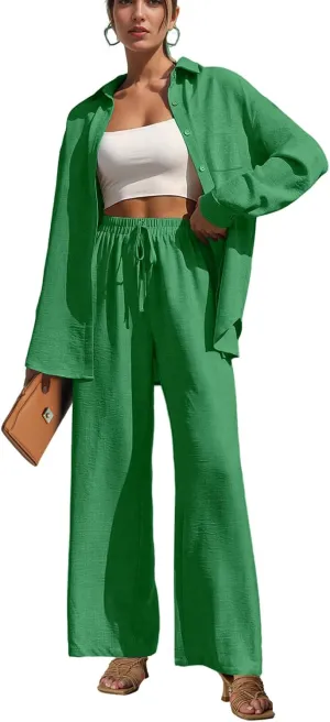 Lepunuo 2 Piece Outfits for Women Casual Lounge Sets Long Sleeve Button Down Shirts and Wide Leg Pants Sets Tracksuit