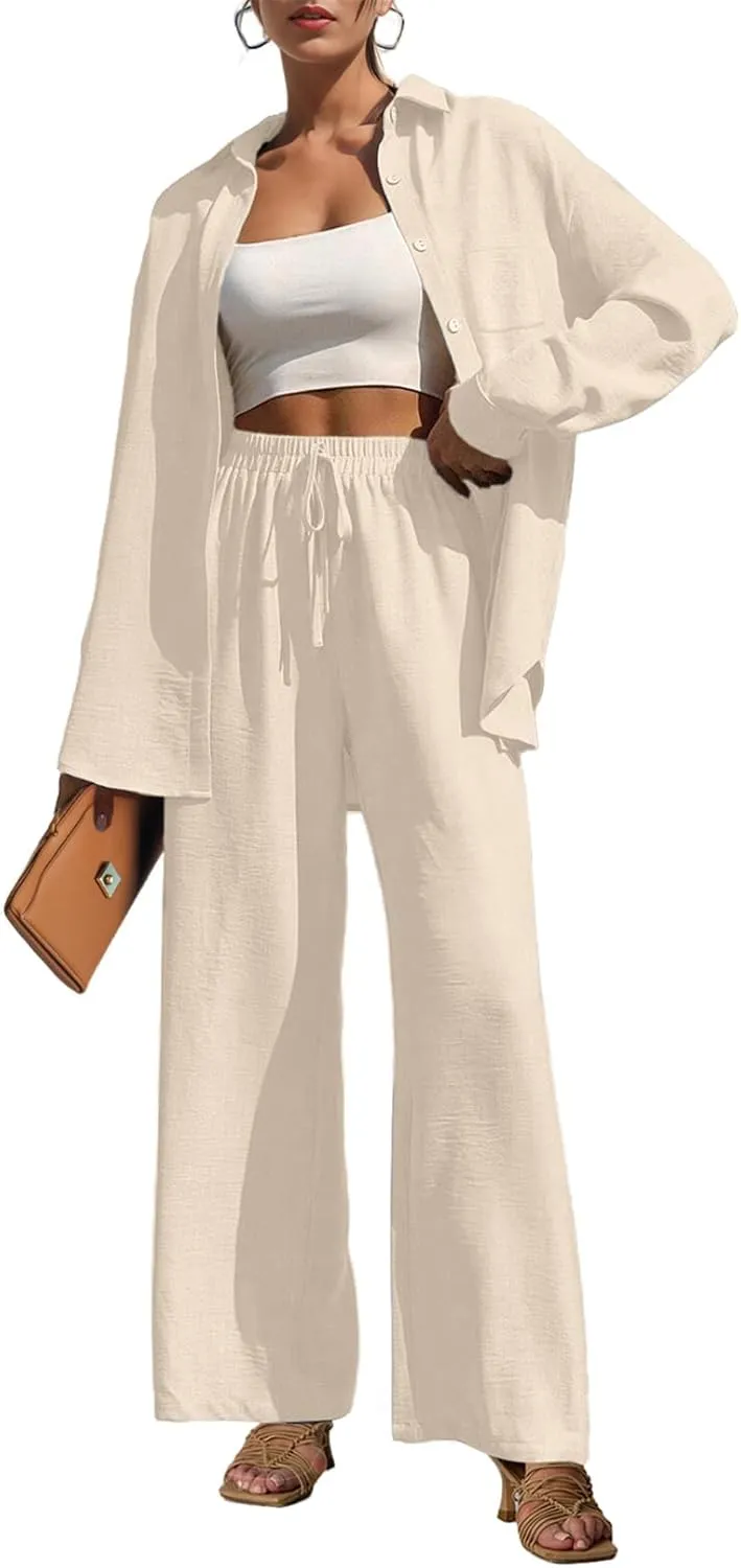 Lepunuo 2 Piece Outfits for Women Casual Lounge Sets Long Sleeve Button Down Shirts and Wide Leg Pants Sets Tracksuit