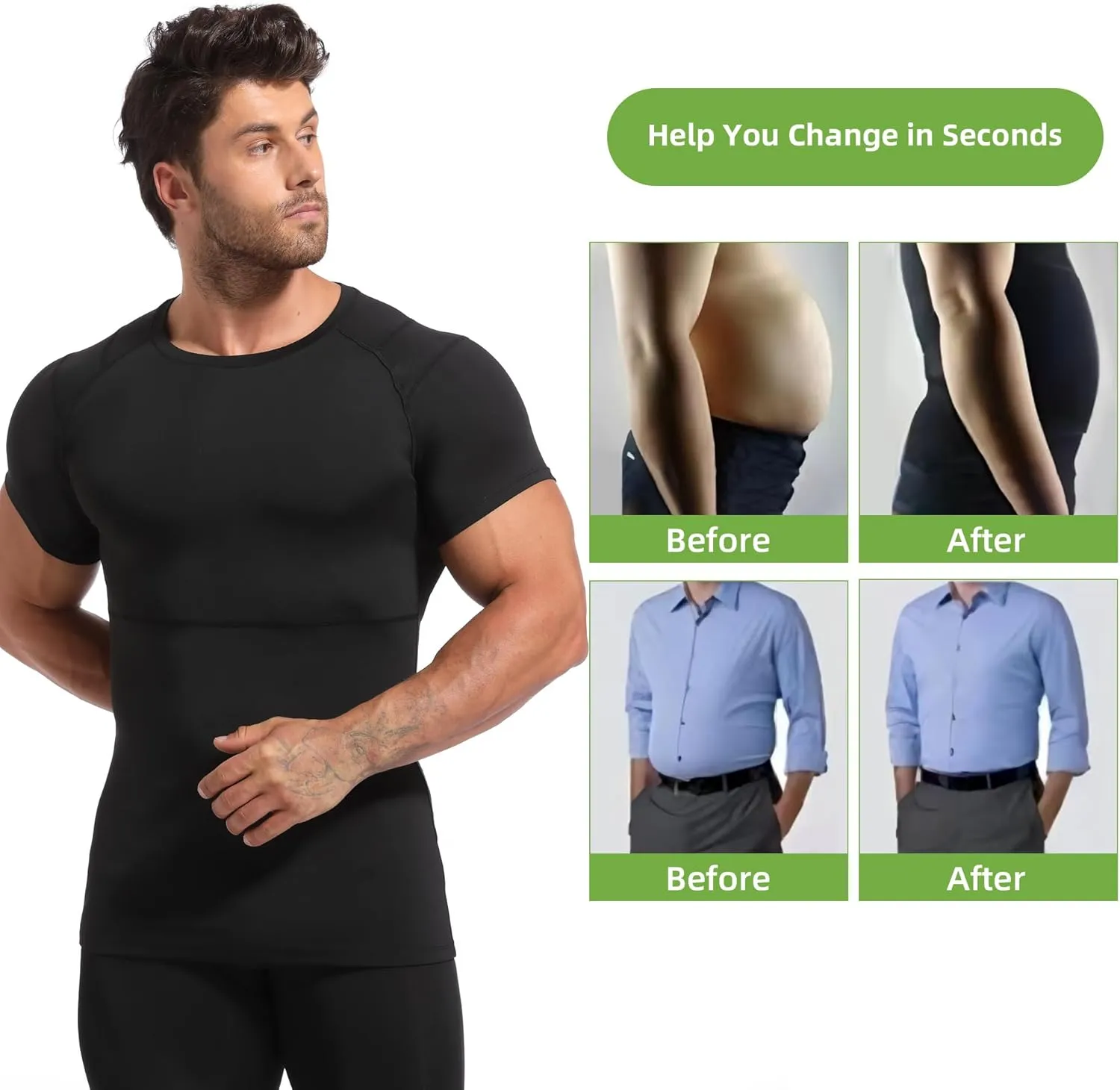 Lgtfy 4D Mens Compression Shirt Short Sleeve, Gynecomastia Tummy Control Back Support Undershirt, Slimming Vest