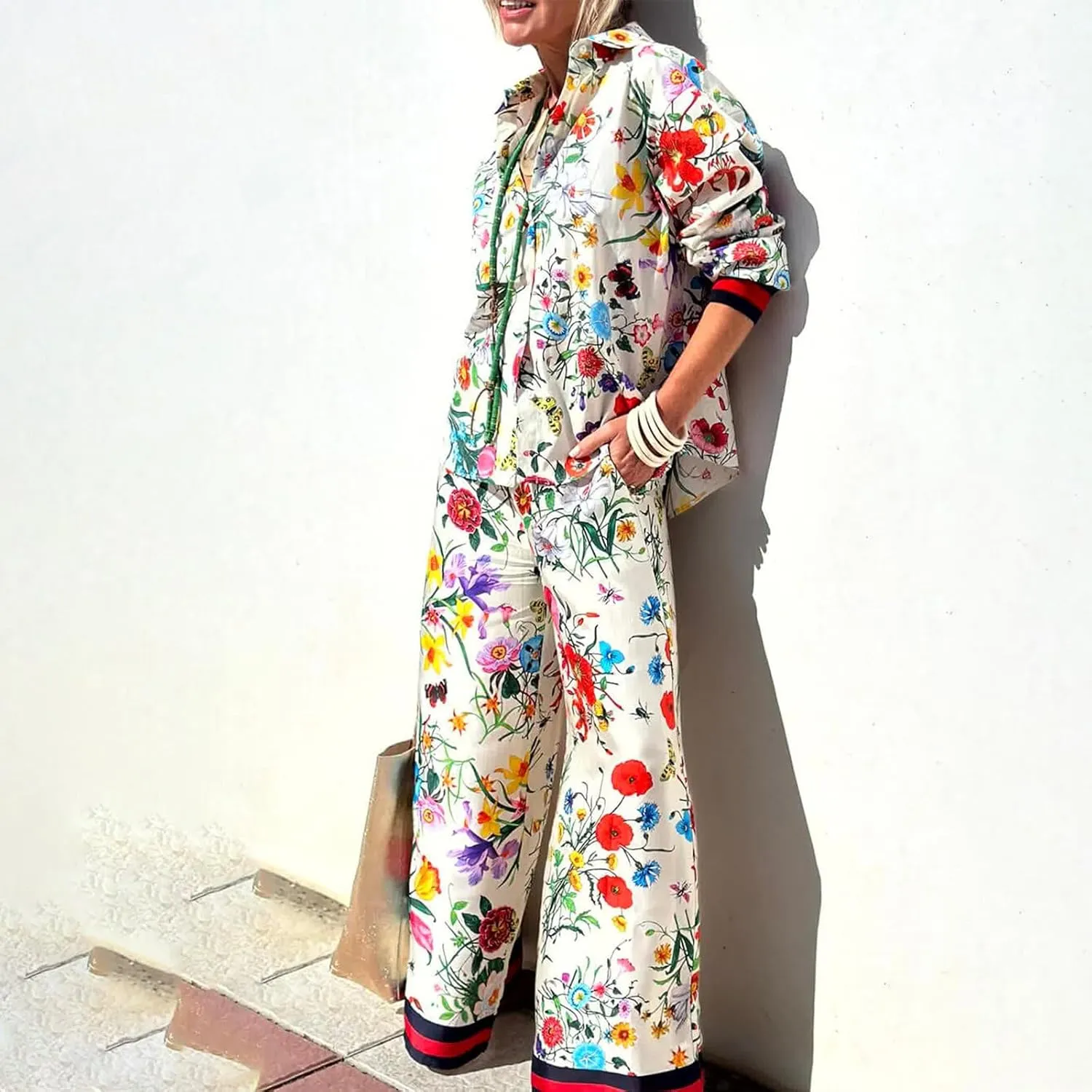 LILTWIST Summer Graffiti Pants Sets for Women Boho Printed 2 Piece Wide Leg Pajama Set Button down Shirts Matching Beach Set