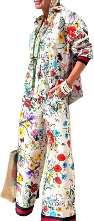 LILTWIST Summer Graffiti Pants Sets for Women Boho Printed 2 Piece Wide Leg Pajama Set Button down Shirts Matching Beach Set
