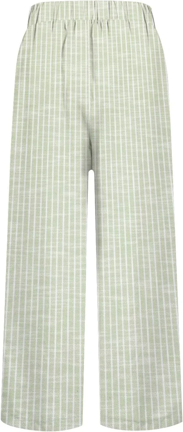 Linen Capri Pants for Women Drawstring Waisted Straight Wide Leg Lounge Pant Striped Spring Summer Beach Trousers