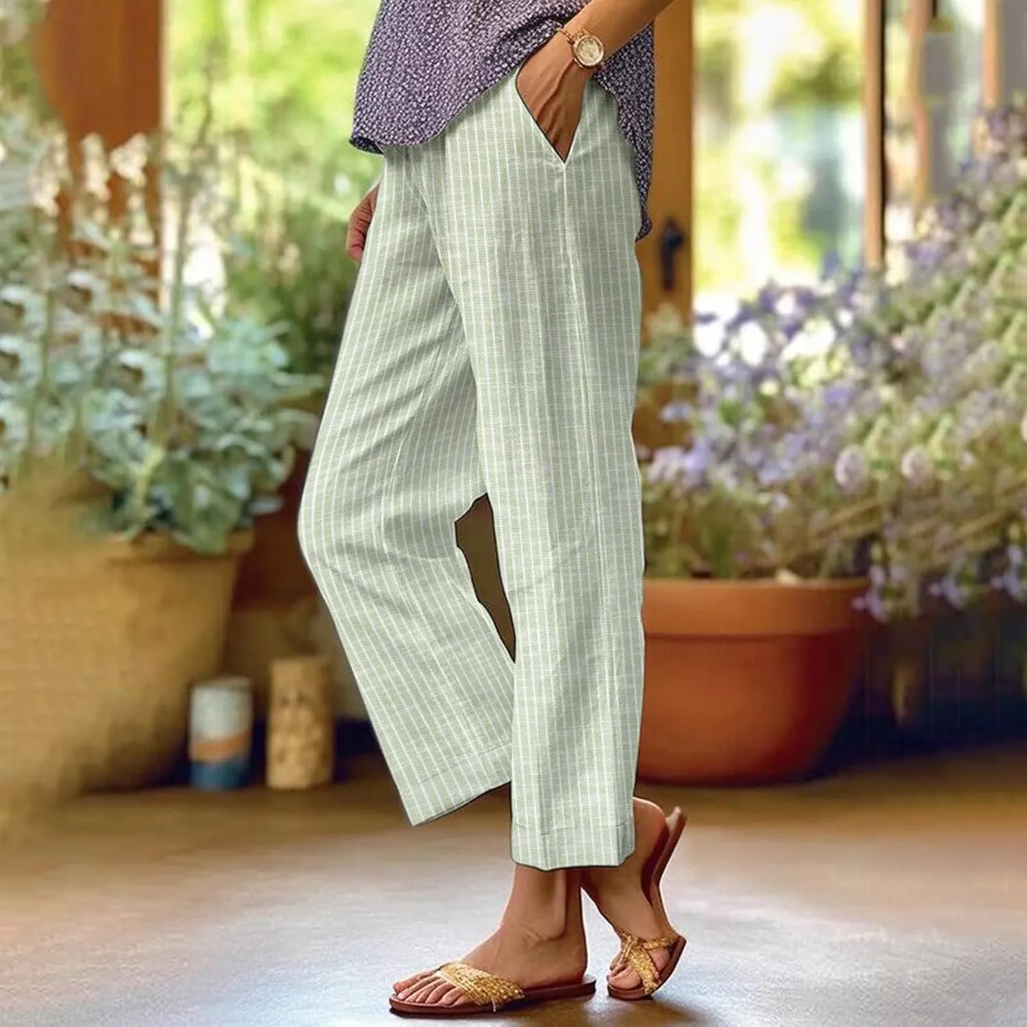 Linen Capri Pants for Women Drawstring Waisted Straight Wide Leg Lounge Pant Striped Spring Summer Beach Trousers