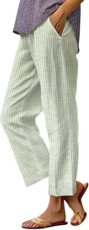 Linen Capri Pants for Women Drawstring Waisted Straight Wide Leg Lounge Pant Striped Spring Summer Beach Trousers