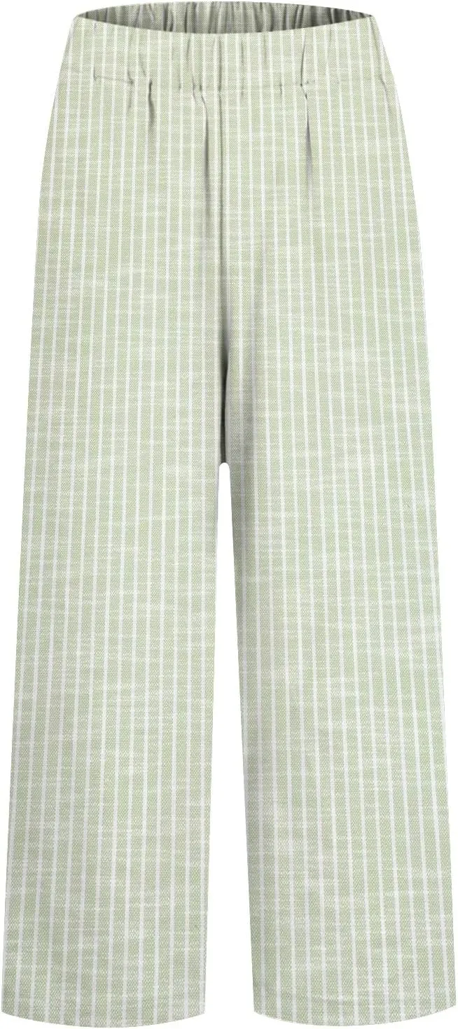 Linen Capri Pants for Women Drawstring Waisted Straight Wide Leg Lounge Pant Striped Spring Summer Beach Trousers