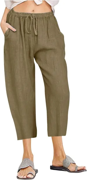 Linen Capris Pants for Women Summer Drawstring Elastic High Waist Linen Pant Straight Wide Leg Cropped Trouser Pants