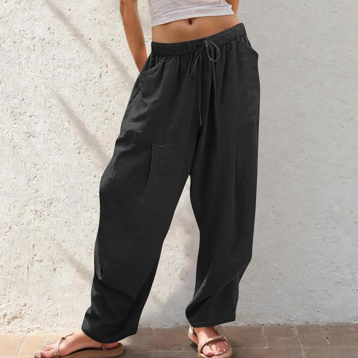 Linen Pants for Women Cotton Pleated Palazzo Pant Boho Drawstring Waist Wide Leg Trousers Summer 2025 Y2K Outfits
