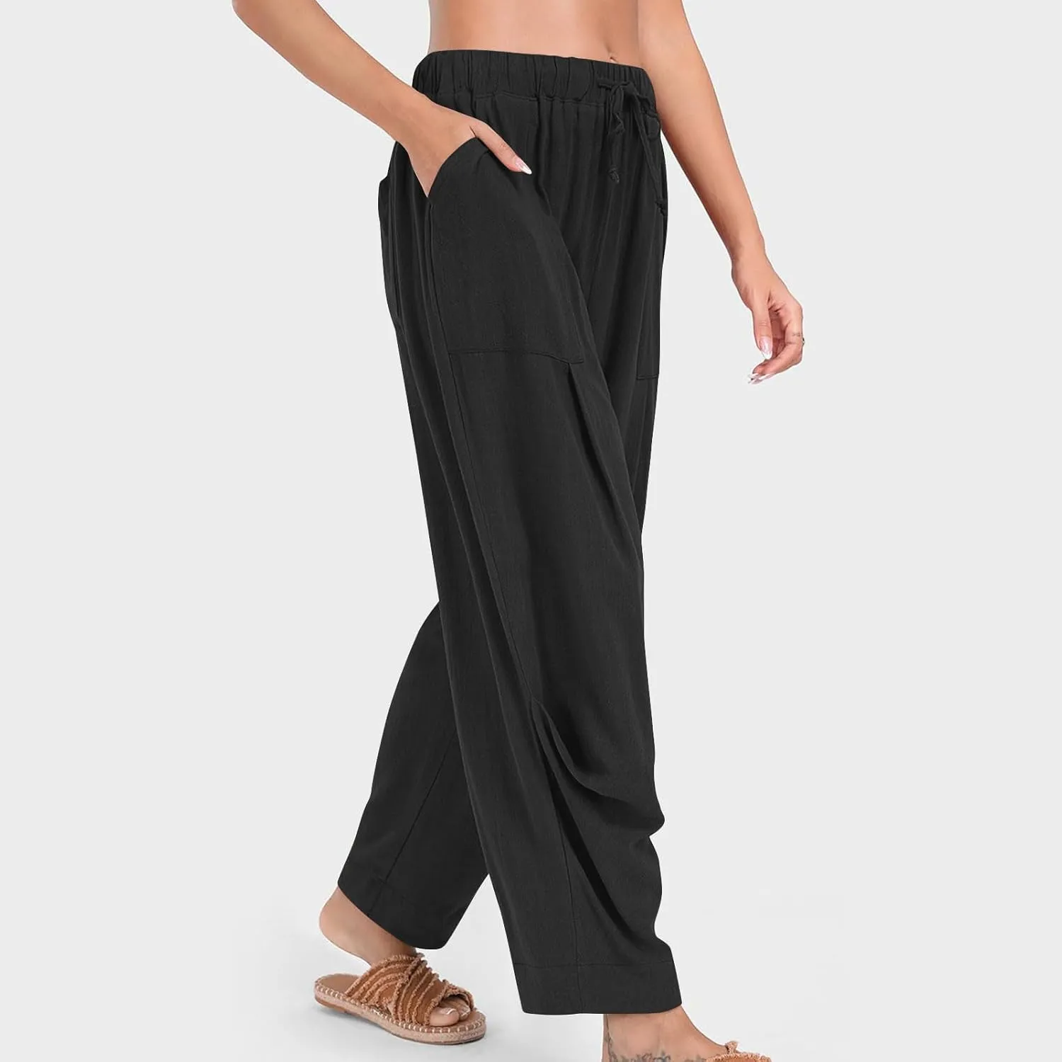 Linen Pants for Women Cotton Pleated Palazzo Pant Boho Drawstring Waist Wide Leg Trousers Summer 2025 Y2K Outfits
