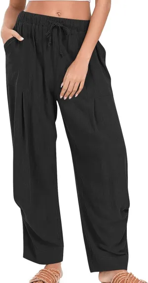 Linen Pants for Women Cotton Pleated Palazzo Pant Boho Drawstring Waist Wide Leg Trousers Summer 2025 Y2K Outfits