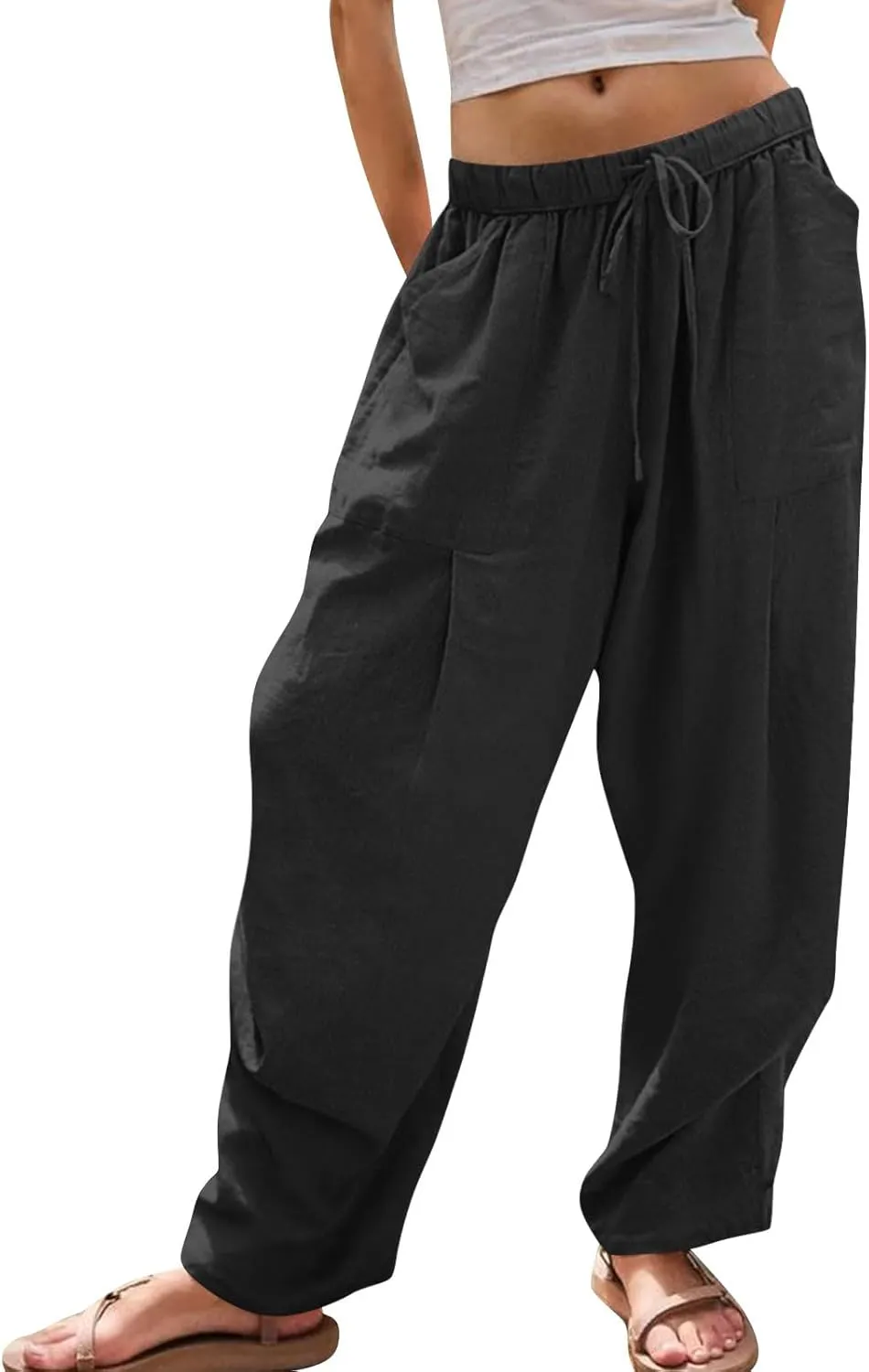 Linen Pants for Women Cotton Pleated Palazzo Pant Boho Drawstring Waist Wide Leg Trousers Summer 2025 Y2K Outfits