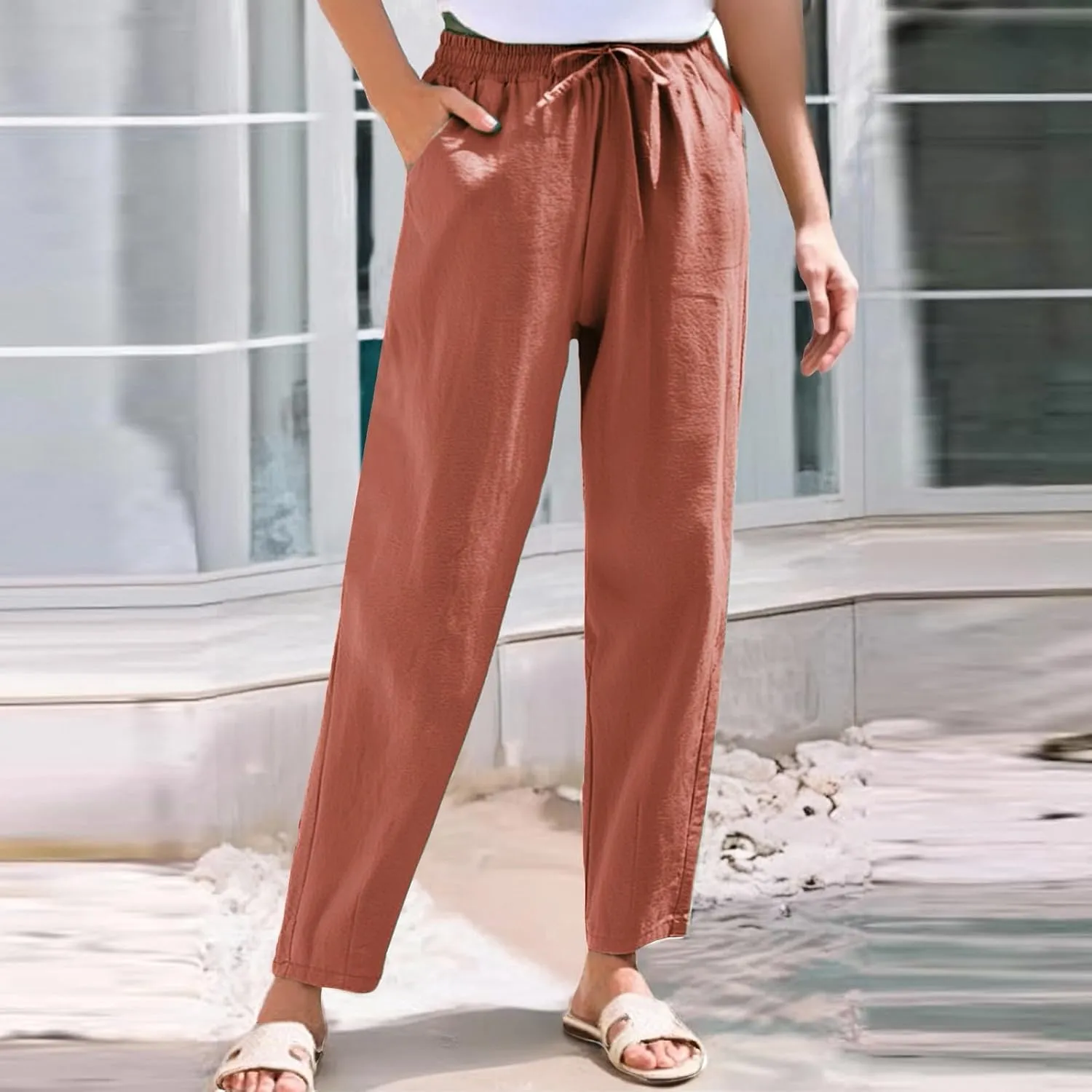 Linen Pants for Women, Peasant Pants Linen Casual Straight Leg Drawstring Trendy
